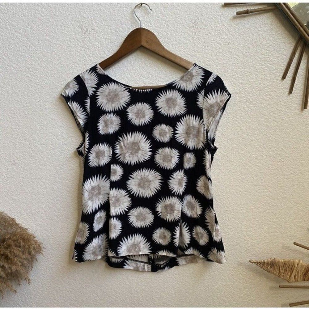 Halogen Women's Boho Black & White Floral Print Cap Sleeve Blouse Top Size Small